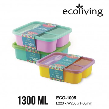 Eco-Living Microwaveable 3 Compartment Colourful Bento Lunch Box w/Fork & Spoon (1300ml) ECO-1005. UP $15.90