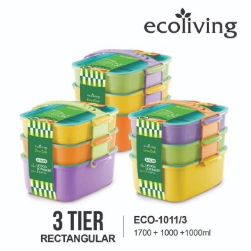 Eco-Living Microwaveable , Colourful Eco-Tiffin (Rectangle -3 tier) ECO-1011/3 UP $17.90