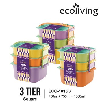 Eco-Living Microwaveable , Colourful Eco-Tiffin (Square - 3 tier) ECO-1013/3.  UP $16.90