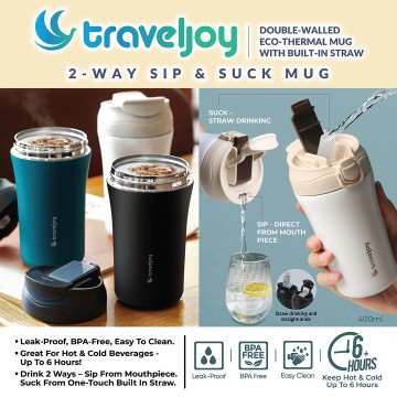 TRAVELJOY 2-WAY SIP & SUCK THERMAL MUG WITH BUILT-IN STRAW (AVAILABLE IN 6 COLOURS) NOW $22 UP $26.90