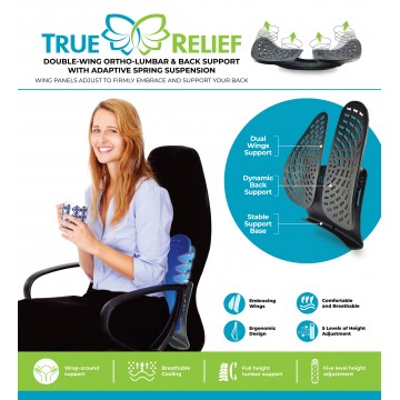 True Relief Double-wing Ortho-Lumbar & Back Support with Adaptive Spring Suspension + Mesh Cover  (Available in 2 colors )