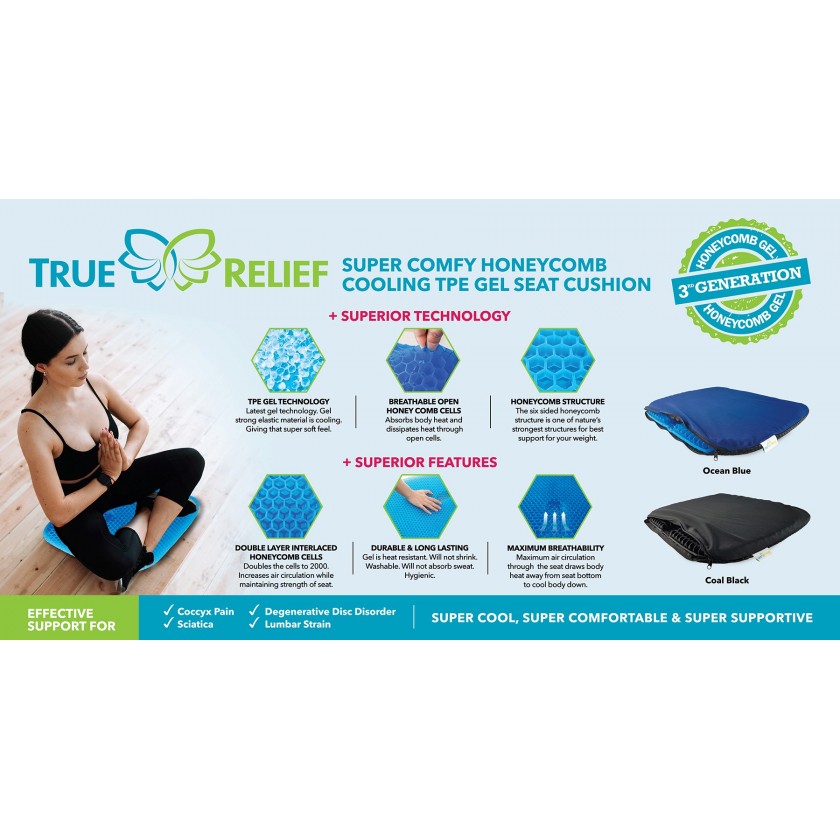 Honeycomb Cooling Gel Support Seat Cushion with Non-Slip Breathable Cover -  Ergonomic & Orthopedic - Car Office Seat With Flex Back Support Absorbs